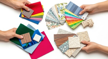 Hands display fabric swatches wood samples patterned tiles and color fan decks on a white surface showcasing materials for design