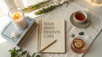 Cozy and Inviting Workspace with Tea, Candle, Notebook, and Decorative Elements for Mindfulness and Relaxation