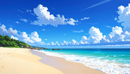 アニメ風景。空。海。砂浜。Anime scenery. Sky. Sea. Sandy beach.