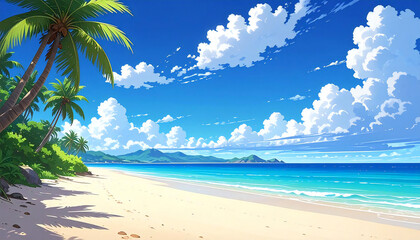アニメ風景。空。海。砂浜。Anime scenery. Sky. Sea. Sandy beach.