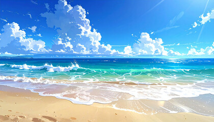 アニメ風景。空。海。砂浜。Anime scenery. Sky. Sea. Sandy beach.