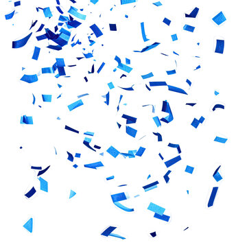 A vibrant splash of white paint adorned with scattered blue confetti, against a stark black background
