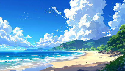 アニメ風景。空。海。砂浜。Anime scenery. Sky. Sea. Sandy beach.