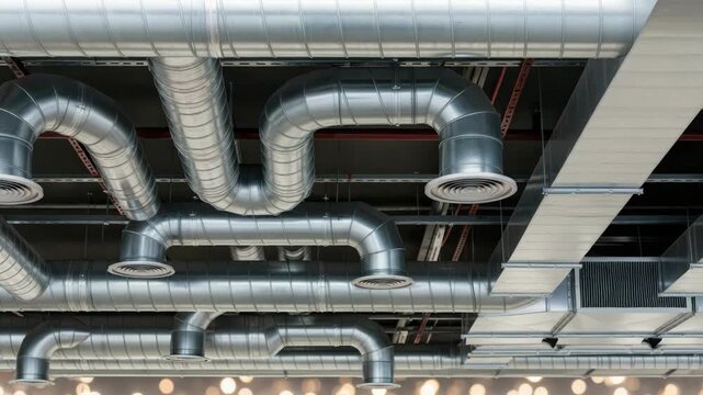 complex network of shiny silver metallic air ducts and vents on dark ceiling Circular diffusers are visible alongside straight and curved pipes and parallel rectangular ducts