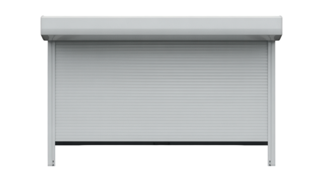 Closed white security roller shutter door with metal slats and support legs 