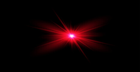 Red light effect reflections, neon illumination in red colors. Bright light lens. Police light effects, lines. Shiny stars, glowing sparks on a black background.