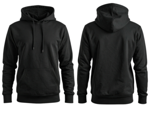 Black hoodie, front and back view, displayed. Basic design with a hood and pocket