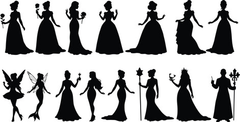 Fantasy character silhouettes, royal and fairy design, elegant dress sketch, magical pose illustration, costume concept art, storytelling fashion icons
