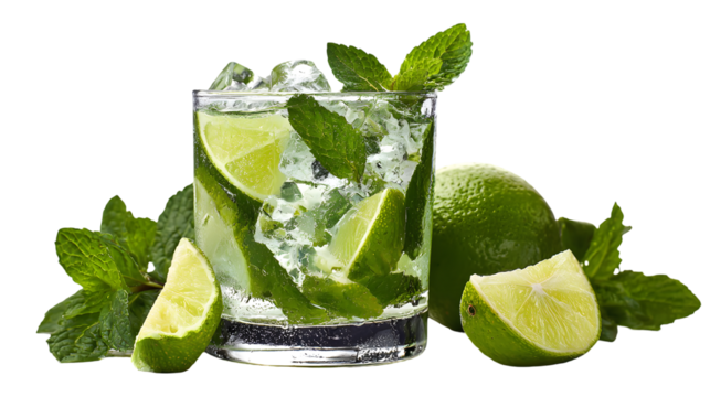 Refreshing iced mojito cocktail bursting with fresh mint and vibrant lime slices, perfect for summer celebrations and tropical escapes, offering a cool, invigorating taste experience.