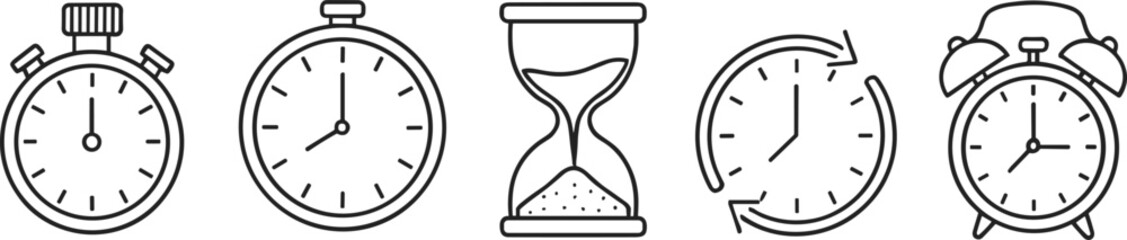 Timekeeping icons, stopwatch, analog clock, hourglass, alarm clock, cycle time symbol, black and white line art, minimal style illustration