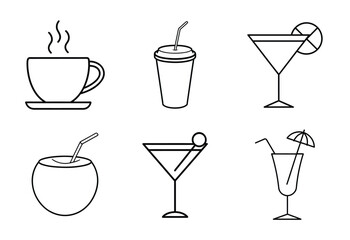 Beverage Line Icons Collection, Cold Drink, To-Go Cup, Martini, Coconut Water, Cocktail