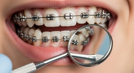Close up of a smiling mouth with metal braces and dental mirror