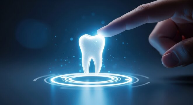 Digital tooth technology innovation touching glowing futuristic dental care