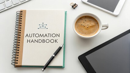 Stylish Workspace with Automation Handbook, Coffee, Tablet, and Office Supplies in a Modern Office Setting