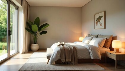 Serene Bedroom Sanctuary Soft Lighting, Calming Colors, and Natural Textures Promote Relaxation and Healthy Sleep, Ideal for Rest and Rejuvenation.