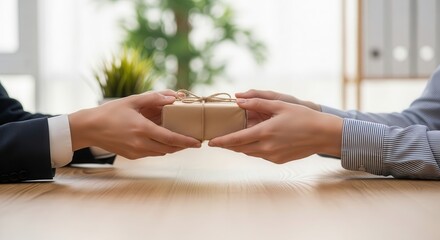 Close up of two hands exchanging a brown wrapped present on a wooden desk in an office.