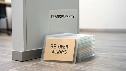 Professional office display featuring transparency message and a sign encouraging open communication for workplace culture