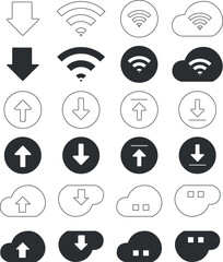 Silhouette and Line art icon. WIFI, Arrow, Cloud storage icon set design