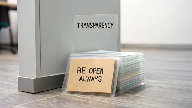 Professional office display featuring transparency message and a sign encouraging open communication for workplace culture - Powered by Adobe