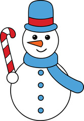 Cute Cartoon Snowman with Blue Hat Scarf and Candy Cane