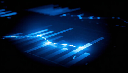 抽象的な金融データの視覚化。暗い背景に輝く青いチャートとグラフ。Abstract financial data visualization. Glowing blue charts and graphs on a dark background.