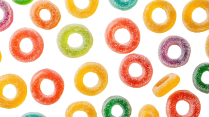 Colorful fruit flavored cereal loops isolated on transparent background