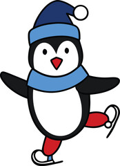 Cheerful Cartoon Penguin Ice Skating, Winter Fun Illustration with Blue Hat Scarf Red Skates