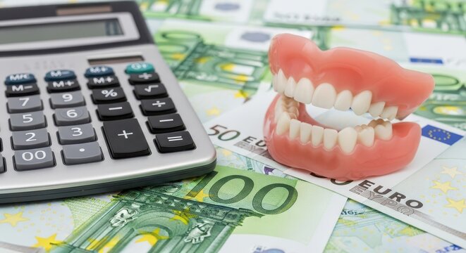 Dentures and calculator on euro banknotes representing dental costs - Powered by Adobe