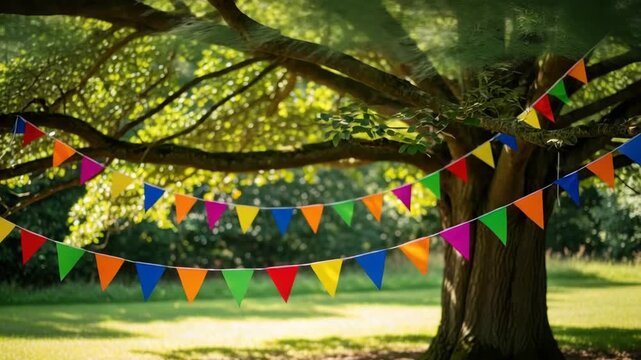 Vibrant bunting hangs between lush green tree branches in sunny outdoor setting Two lines of colorful triangular flags adorn large tree trunk and leafy canopy with grassy field below