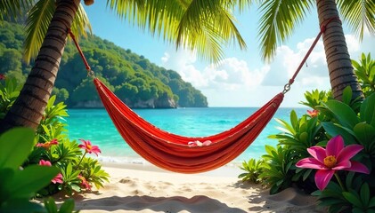 Serene Hammock Swinging Gently in Lush Tropical Paradise Vibrant Flowers, Relaxation, Vacation Escape