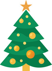 Simple Flat Christmas Tree Illustration with Golden Ornaments and Star Topper