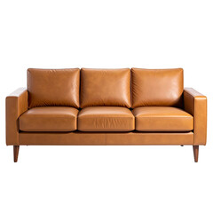 Fototapeta premium A modern, three-cushion sofa in a light brown leather against a stark black background