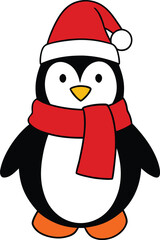 Cute Christmas Penguin Wearing Santa Hat and Red Scarf Vector Illustration