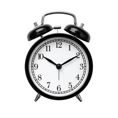 A classic black alarm clock with a white face, and a transparent background