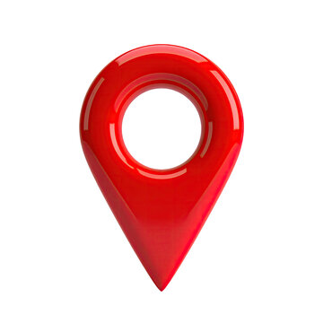 A glossy, red, three-dimensional location pin floats against a stark black background