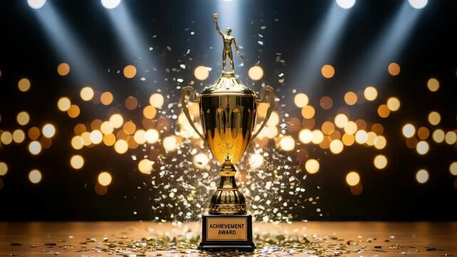 gleaming golden trophy stands proudly on wooden stage showered by spotlights and golden confetti A victorious figure tops the award set against dark background with festive blurred lights