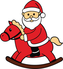 Cartoon Santa Claus Riding Red Rocking Horse Christmas Holiday Vector Illustration