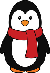 Cute Cartoon Penguin with Red Scarf, Winter Holiday Vector Illustration