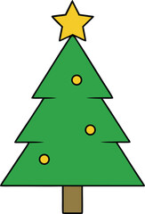 Stylized Christmas Tree Vector Icon with Golden Star and Yellow Ornaments