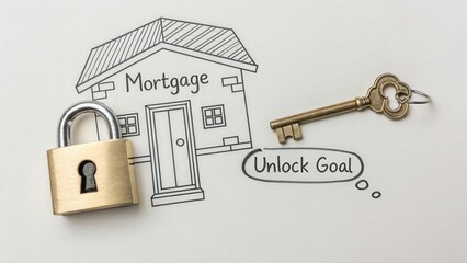 Conceptual illustration of mortgage planning featuring a lock, key, and house sketch emphasizing goal unlocking for homeowners