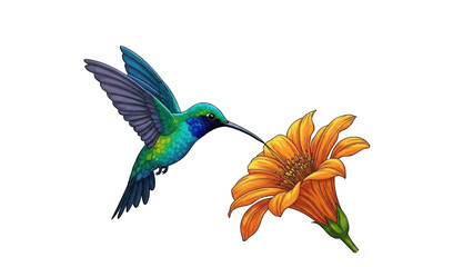 Obraz premium Colorful hummingbird feeding on vibrant orange flower (4)