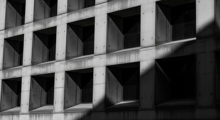 Fototapeta premium Brutalist concrete building facade with repetitive square windows and dramatic shadows
