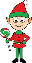 Happy Christmas Elf Holding Swirl Lollipop, Vector Illustration
