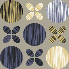 Abstract seamless pattern featuring large circles and smaller quatrefoil shapes in a soft, muted, and earthy color palette filled with hand-drawn vertical lines, creating a woven or rustic look