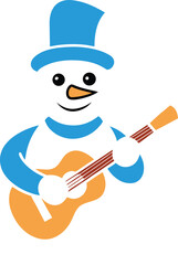 Cheerful Snowman Musician Playing Acoustic Guitar in Blue Hat and Scarf