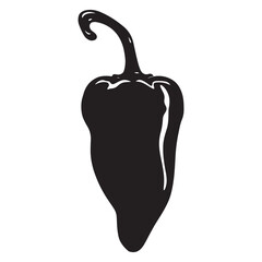 Black silhouette of a single chili pepper with a curved stem on a white background