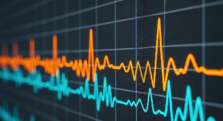 Vibrant orange and cyan jagged waveforms on a digital display screen with grid