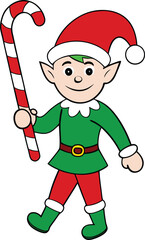 Cartoon Christmas Elf Holding Candy Cane Vector Illustration