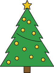 Festive Cartoon Christmas Tree with Yellow Ornaments and Star, Simple Holiday Vector Graphic