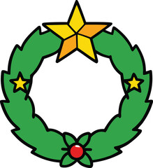 Cartoon Christmas Wreath with Gold Stars and Red Berries